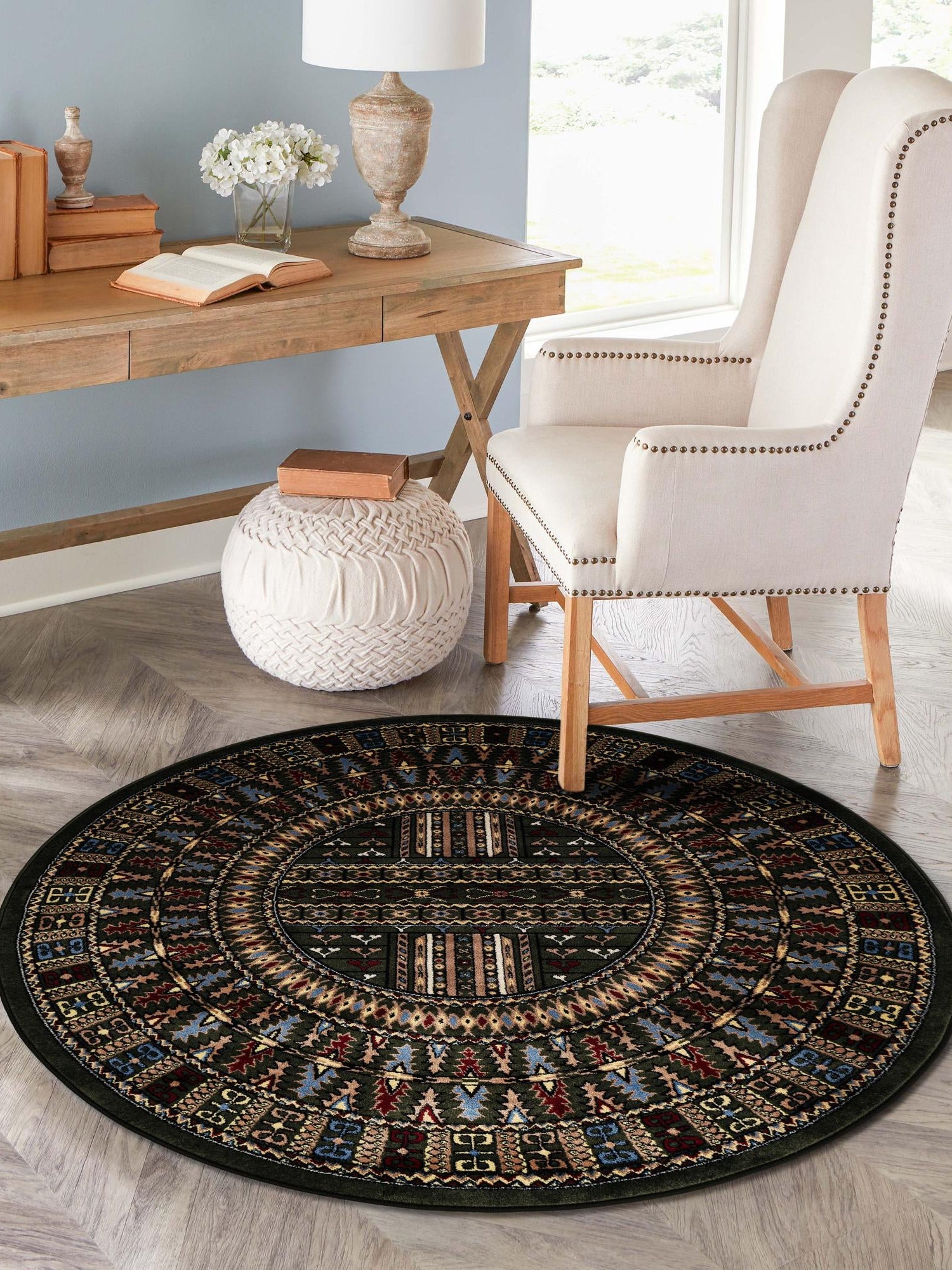 Dark Green 7' 10 x 7' 10 Tekke Round Area Rug Classic Traditional Vintage Design Carpet for Living Rooms, Dining, Bedrooms, Office Space for Sale at Rug Engine