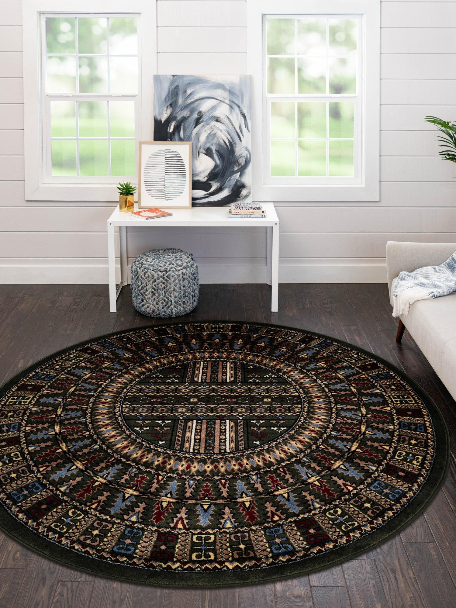 Dark Green 7' 10 x 7' 10 Tekke Round Area Rug Classic Traditional Vintage Design Carpet for Living Rooms, Dining, Bedrooms, Office Space for Sale at Rug Engine