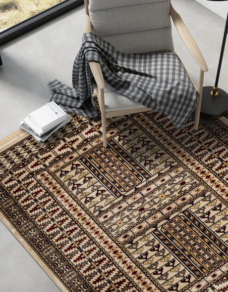 Beige 5' 3 x 8' Tekke Rectangle Area Rug Classic Traditional Vintage Design Carpet for Living Rooms, Dining, Bedrooms, Office Space for Sale at Rug Engine