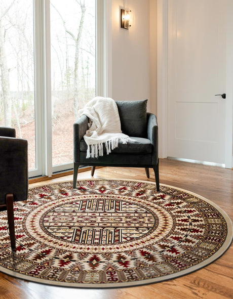Beige 6' 1 x 6' 1 Tekke Round Area Rug Classic Traditional Vintage Design Carpet for Living Rooms, Dining, Bedrooms, Office Space for Sale at Rug Engine