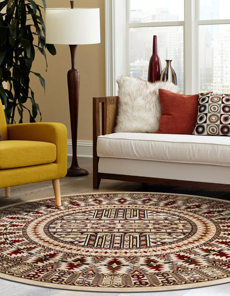 Beige 6' 1 x 6' 1 Tekke Round Area Rug Classic Traditional Vintage Design Carpet for Living Rooms, Dining, Bedrooms, Office Space for Sale at Rug Engine