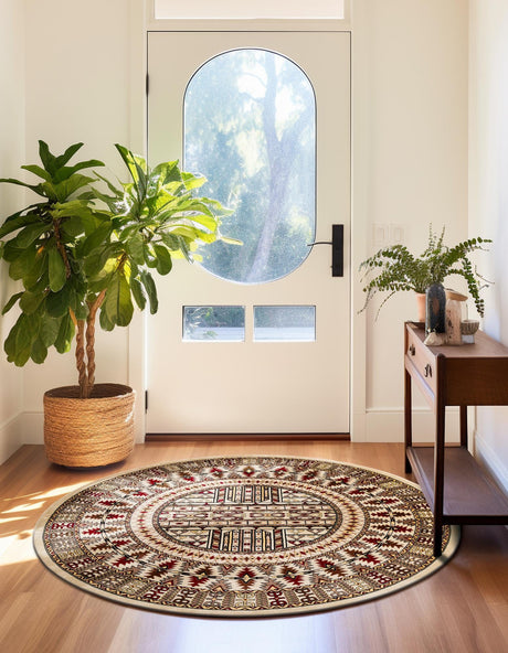 Beige 5' 3 x 5' 3 Tekke Round Area Rug Classic Traditional Vintage Design Carpet for Living Rooms, Dining, Bedrooms, Office Space for Sale at Rug Engine