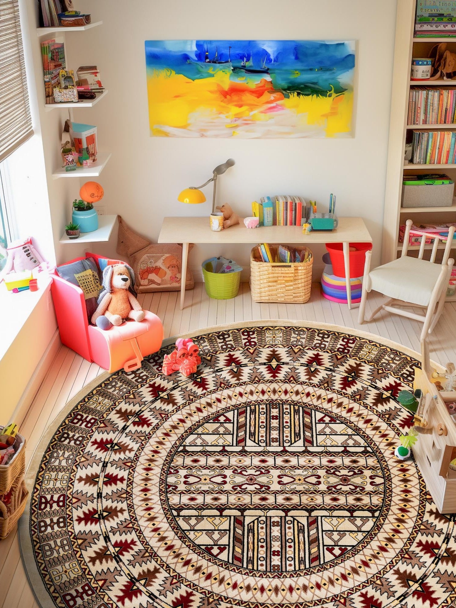 Beige 6' 1 x 6' 1 Tekke Round Area Rug Classic Traditional Vintage Design Carpet for Living Rooms, Dining, Bedrooms, Office Space for Sale at Rug Engine