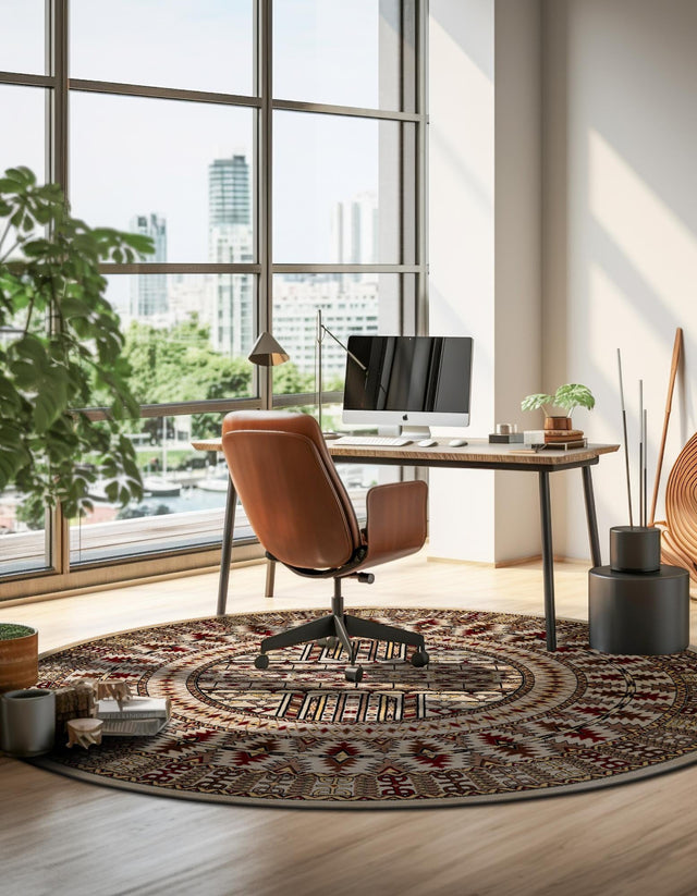 Beige 7' 10 x 7' 10 Tekke Round Area Rug Classic Traditional Vintage Design Carpet for Living Rooms, Dining, Bedrooms, Office Space for Sale at Rug Engine