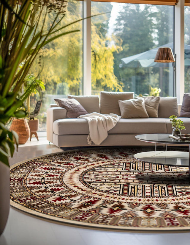 Beige 5' 3 x 5' 3 Tekke Round Area Rug Classic Traditional Vintage Design Carpet for Living Rooms, Dining, Bedrooms, Office Space for Sale at Rug Engine