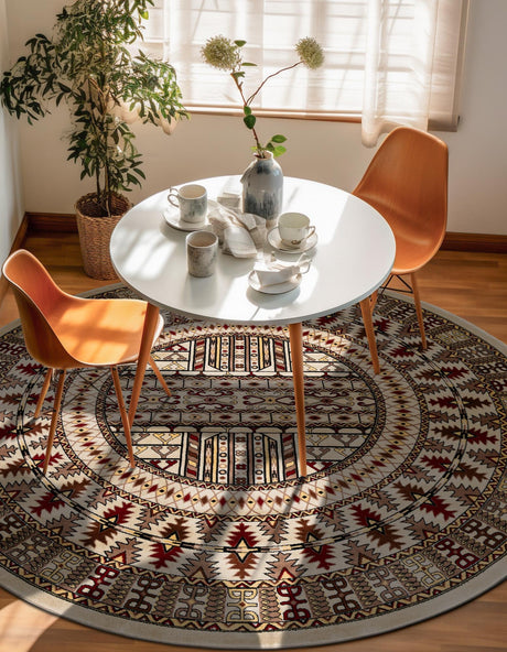 Beige 5' 3 x 5' 3 Tekke Round Area Rug Classic Traditional Vintage Design Carpet for Living Rooms, Dining, Bedrooms, Office Space for Sale at Rug Engine
