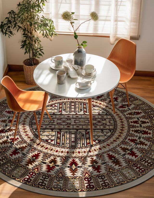 Beige 6' 1 x 6' 1 Tekke Round Area Rug Classic Traditional Vintage Design Carpet for Living Rooms, Dining, Bedrooms, Office Space for Sale at Rug Engine