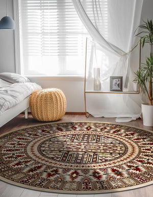 Beige 5' 3 x 5' 3 Tekke Round Area Rug Classic Traditional Vintage Design Carpet for Living Rooms, Dining, Bedrooms, Office Space for Sale at Rug Engine