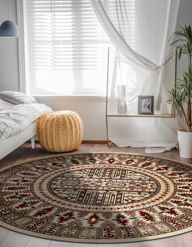 Beige 5' 3 x 5' 3 Tekke Round Area Rug Classic Traditional Vintage Design Carpet for Living Rooms, Dining, Bedrooms, Office Space for Sale at Rug Engine