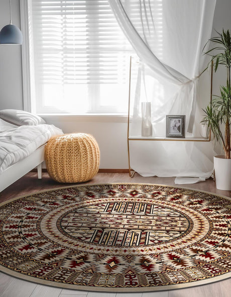 Beige 6' 1 x 6' 1 Tekke Round Area Rug Classic Traditional Vintage Design Carpet for Living Rooms, Dining, Bedrooms, Office Space for Sale at Rug Engine