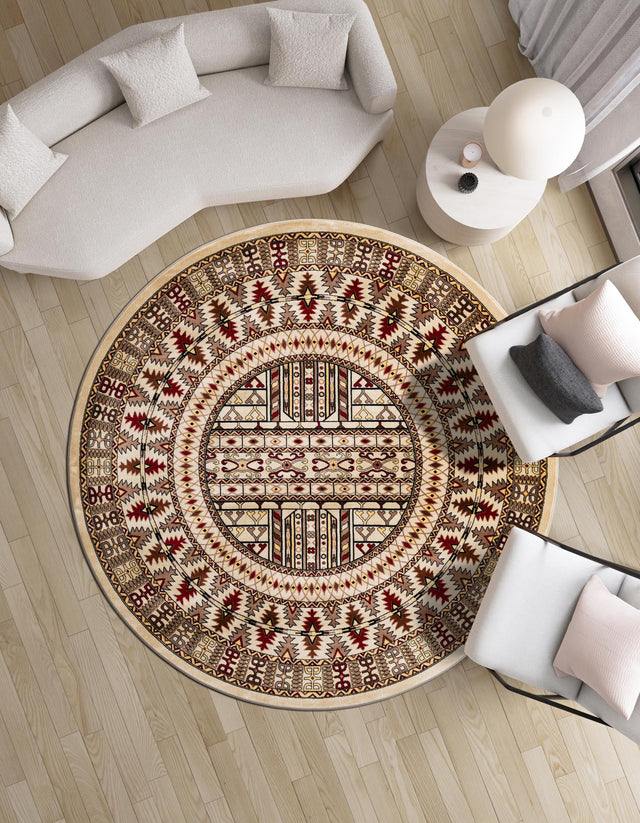 Beige 5' 3 x 5' 3 Tekke Round Area Rug Classic Traditional Vintage Design Carpet for Living Rooms, Dining, Bedrooms, Office Space for Sale at Rug Engine