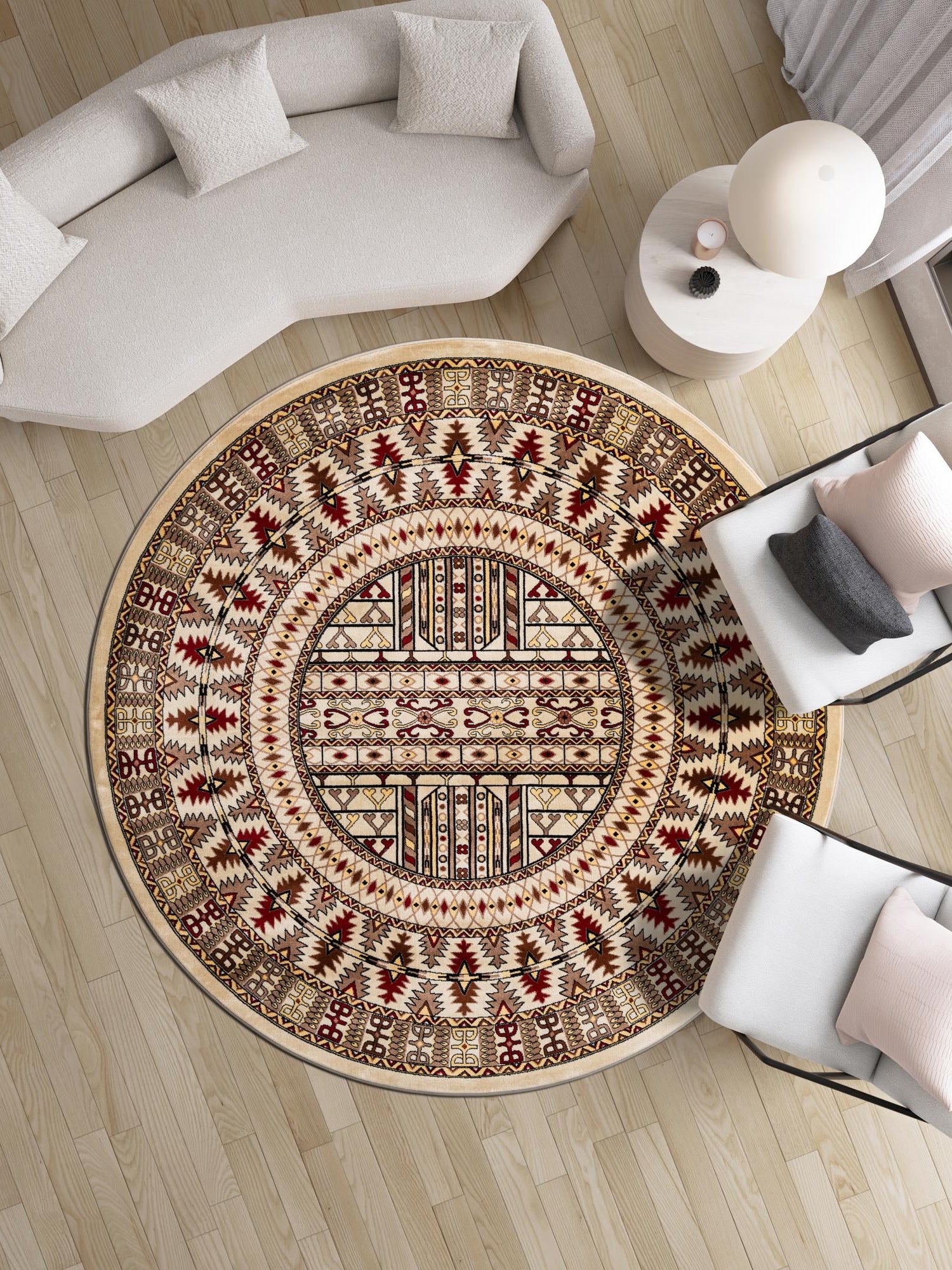 Beige 6' 1 x 6' 1 Tekke Round Area Rug Classic Traditional Vintage Design Carpet for Living Rooms, Dining, Bedrooms, Office Space for Sale at Rug Engine
