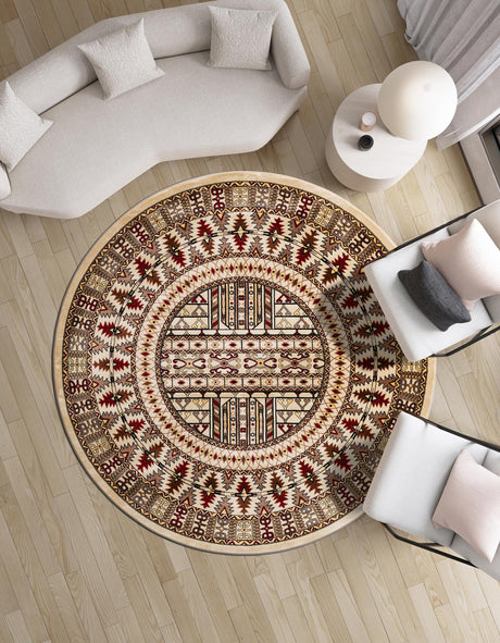 Beige 6' 1 x 6' 1 Tekke Round Area Rug Classic Traditional Vintage Design Carpet for Living Rooms, Dining, Bedrooms, Office Space for Sale at Rug Engine