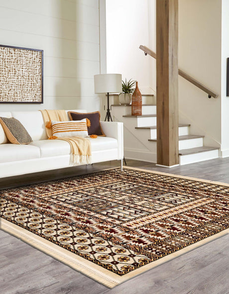 Beige 7' 10 x 7' 10 Tekke Square Area Rug Classic Traditional Vintage Design Carpet for Living Rooms, Dining, Bedrooms, Office Space for Sale at Rug Engine