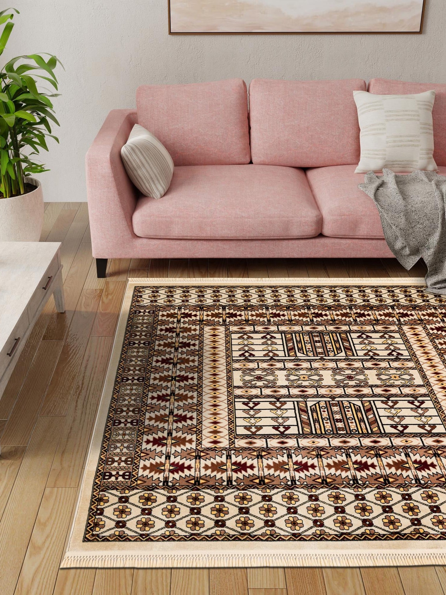Beige 7' 10 x 7' 10 Tekke Square Area Rug Classic Traditional Vintage Design Carpet for Living Rooms, Dining, Bedrooms, Office Space for Sale at Rug Engine