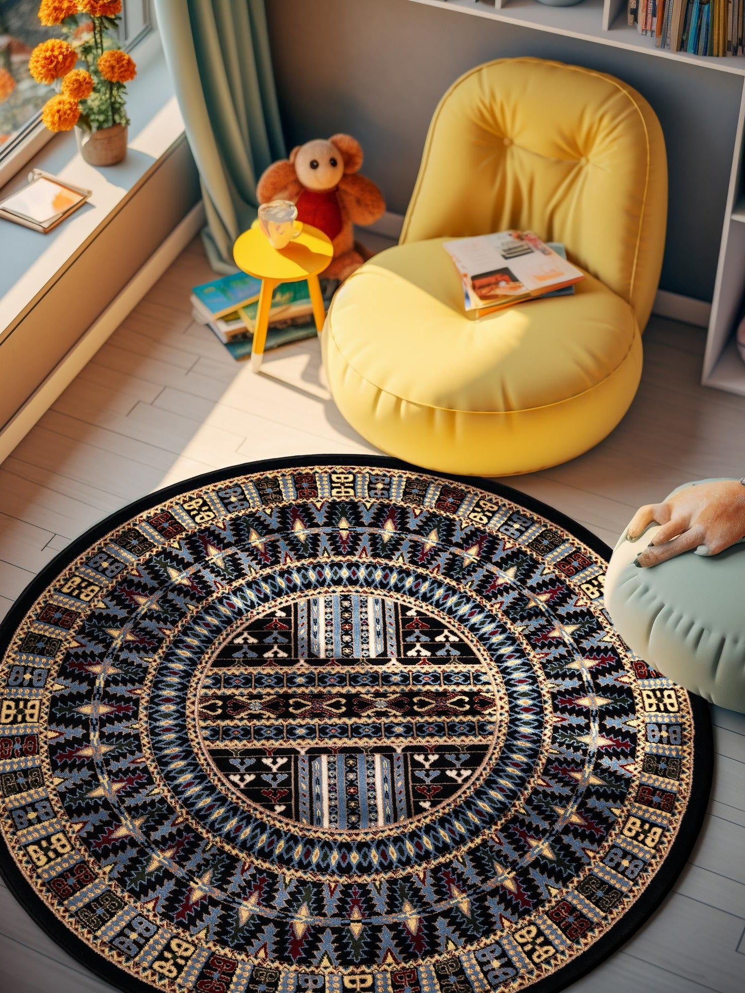 Black 5' 3 x 5' 3 Tekke Round Area Rug Classic Traditional Vintage Design Carpet for Living Rooms, Dining, Bedrooms, Office Space for Sale at Rug Engine