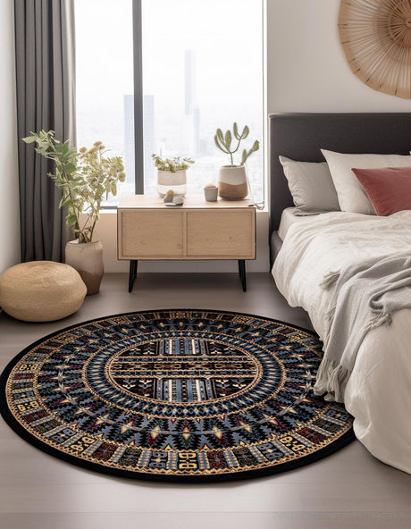 Black 7' 10 x 7' 10 Tekke Round Area Rug Classic Traditional Vintage Design Carpet for Living Rooms, Dining, Bedrooms, Office Space for Sale at Rug Engine