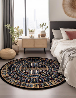 Black 5' 3 x 5' 3 Tekke Round Area Rug Classic Traditional Vintage Design Carpet for Living Rooms, Dining, Bedrooms, Office Space for Sale at Rug Engine