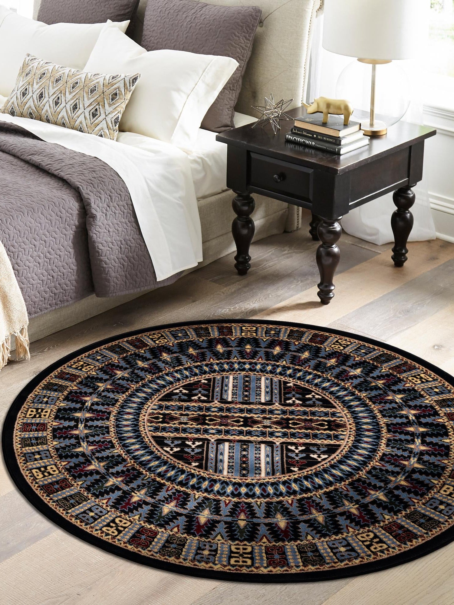 Black 5' 3 x 5' 3 Tekke Round Area Rug Classic Traditional Vintage Design Carpet for Living Rooms, Dining, Bedrooms, Office Space for Sale at Rug Engine