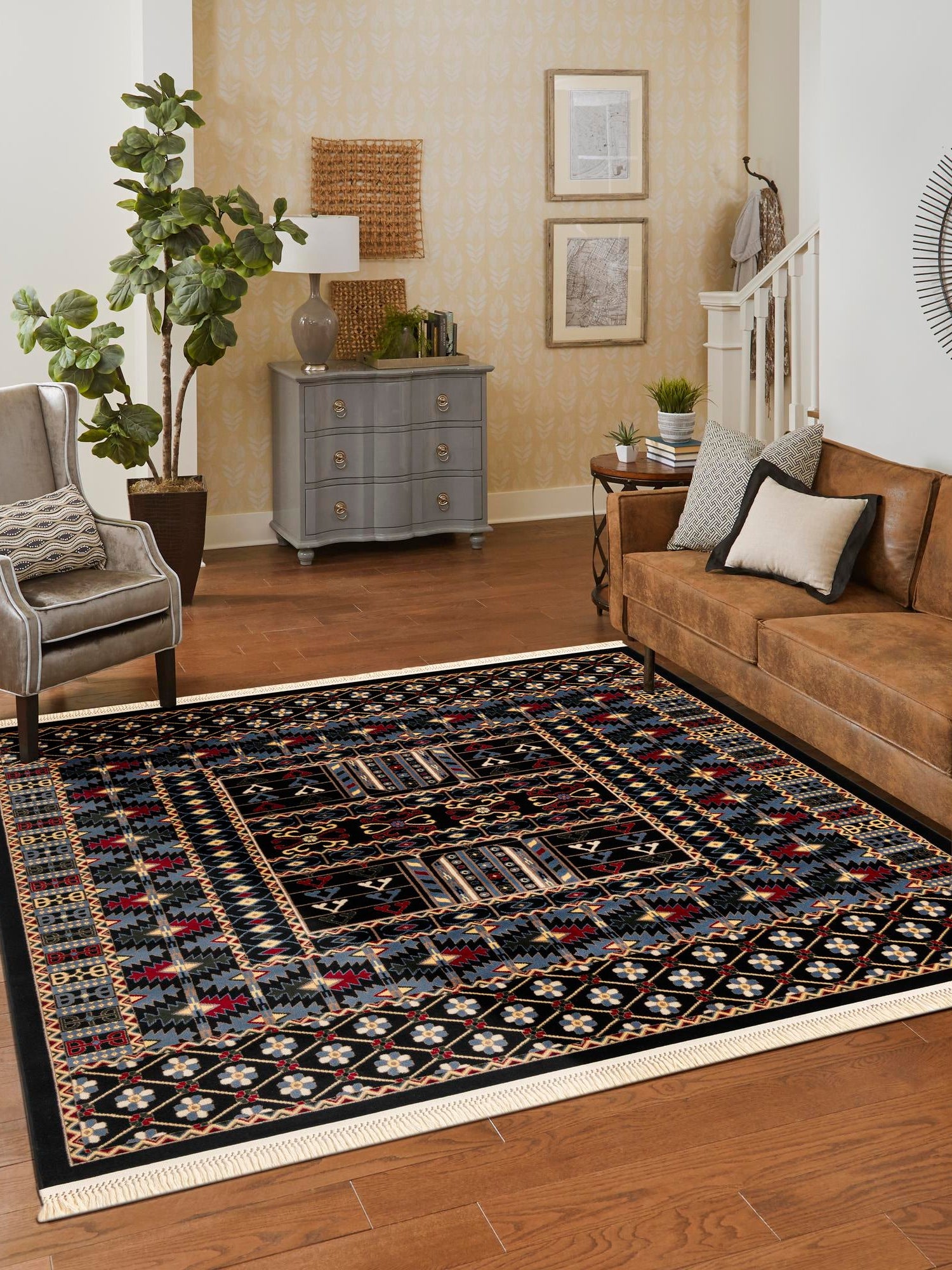 Black 7' 10 x 7' 10 Tekke Square Area Rug Classic Traditional Vintage Design Carpet for Living Rooms, Dining, Bedrooms, Office Space for Sale at Rug Engine