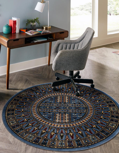 Blue 6' 1 x 6' 1 Tekke Round Area Rug Classic Traditional Vintage Design Carpet for Living Rooms, Dining, Bedrooms, Office Space for Sale at Rug Engine