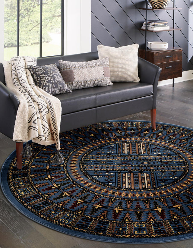 Blue 7' 10 x 7' 10 Tekke Round Area Rug Classic Traditional Vintage Design Carpet for Living Rooms, Dining, Bedrooms, Office Space for Sale at Rug Engine