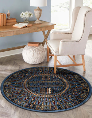 Blue 7' 10 x 7' 10 Tekke Round Area Rug Classic Traditional Vintage Design Carpet for Living Rooms, Dining, Bedrooms, Office Space for Sale at Rug Engine