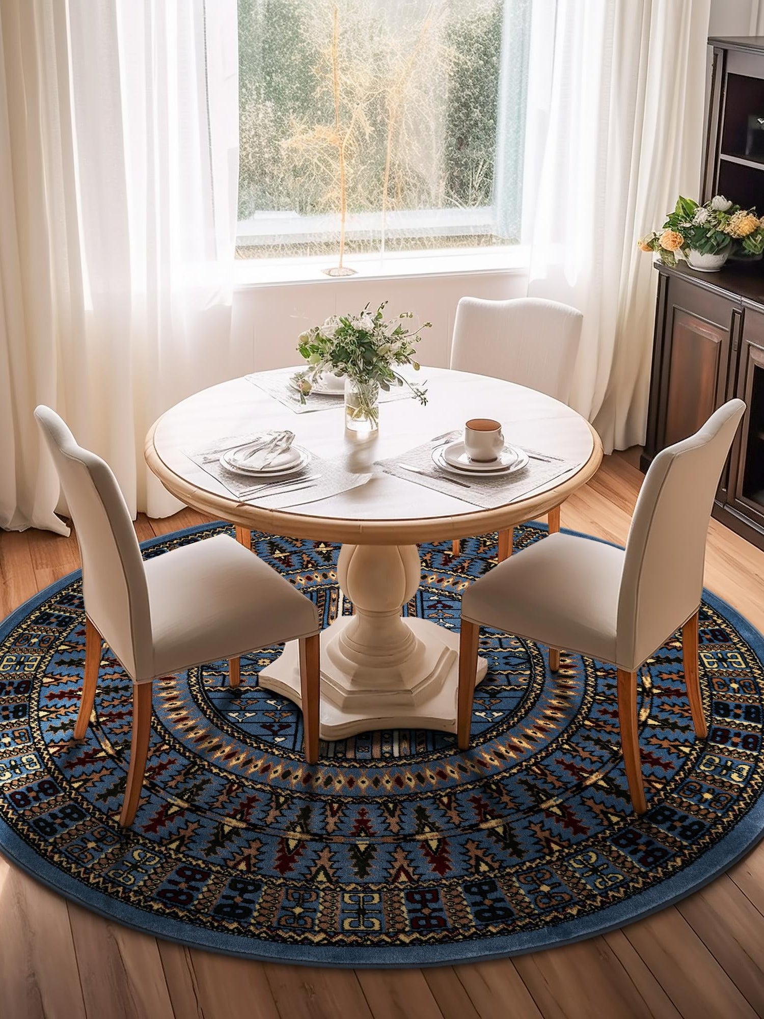 Blue 7' 10 x 7' 10 Tekke Round Area Rug Classic Traditional Vintage Design Carpet for Living Rooms, Dining, Bedrooms, Office Space for Sale at Rug Engine