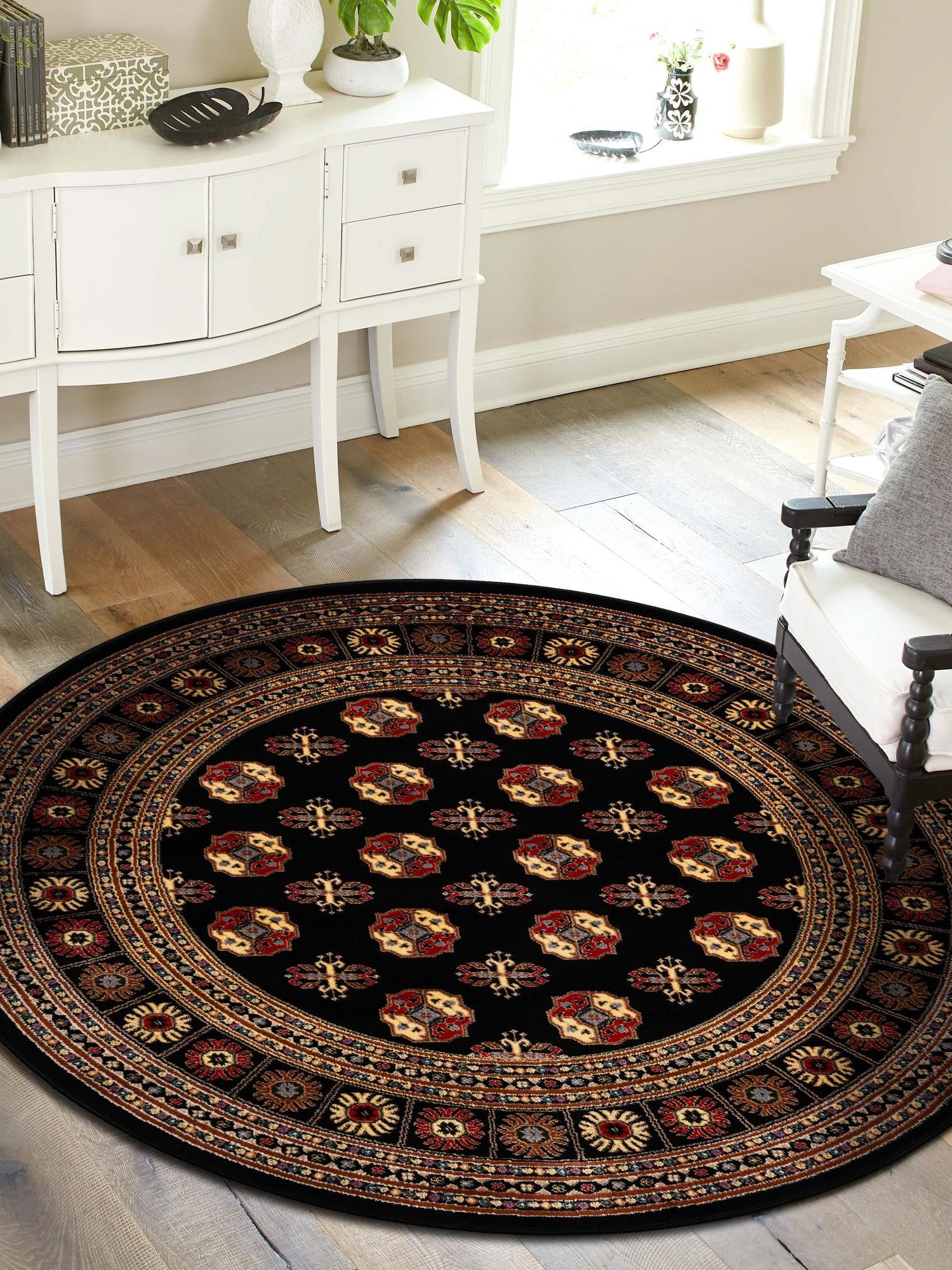 Black 5' 3 x 5' 3 Tekke Round Area Rug Classic Traditional Vintage Design Carpet for Living Rooms, Dining, Bedrooms, Office Space for Sale at Rug Engine