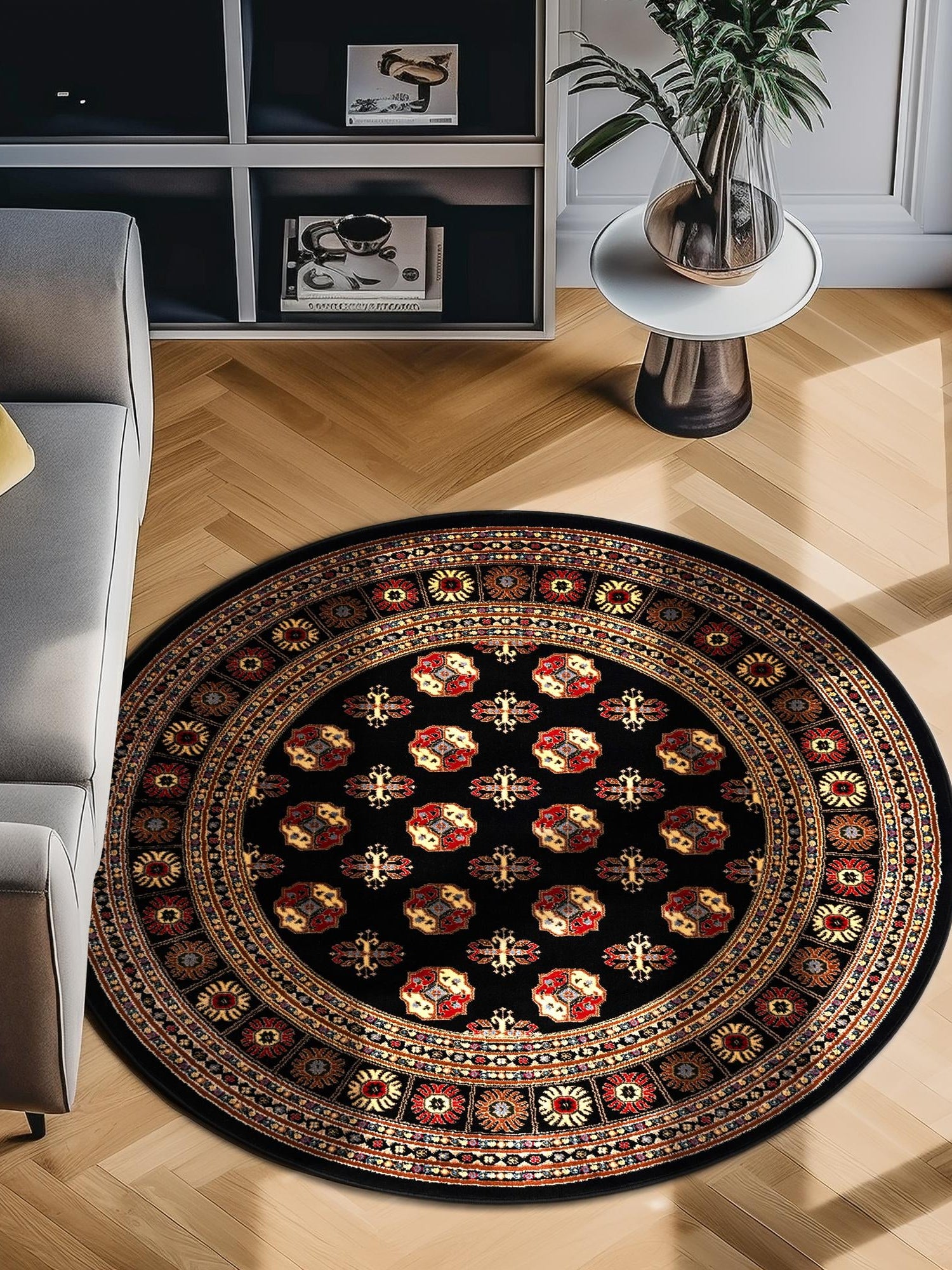 Black 5' 3 x 5' 3 Tekke Round Area Rug Classic Traditional Vintage Design Carpet for Living Rooms, Dining, Bedrooms, Office Space for Sale at Rug Engine