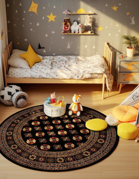 Black 10' x 10' Tekke Round Area Rug Classic Traditional Vintage Design Carpet for Living Rooms, Dining, Bedrooms, Office Space for Sale at Rug Engine