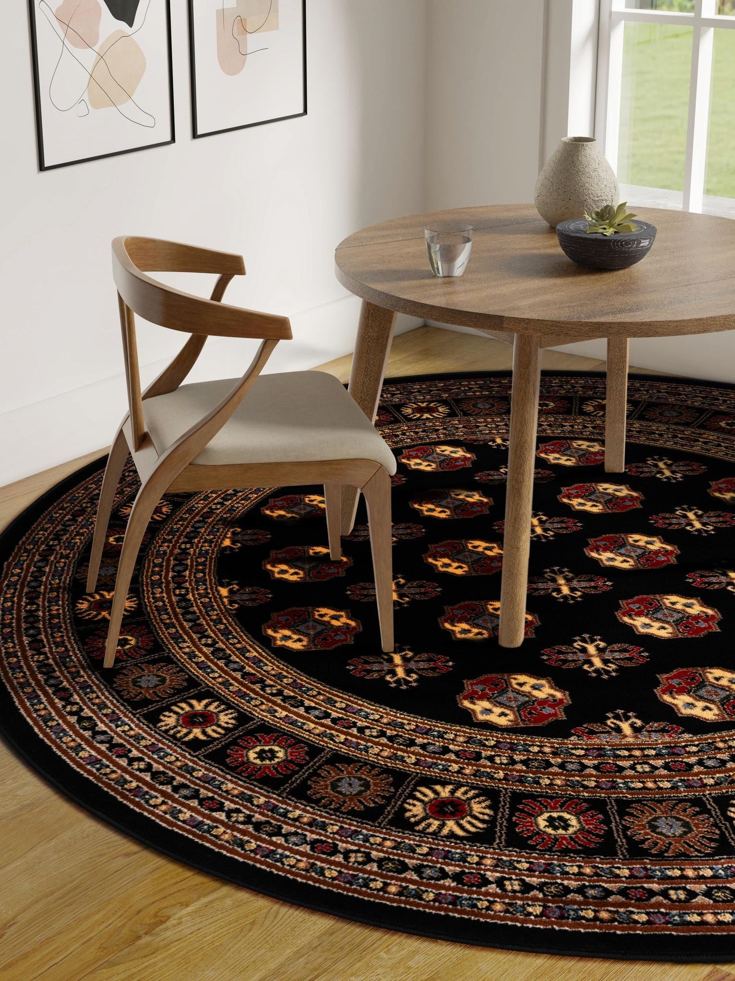 Black 7' 10 x 7' 10 Tekke Round Area Rug Classic Traditional Vintage Design Carpet for Living Rooms, Dining, Bedrooms, Office Space for Sale at Rug Engine