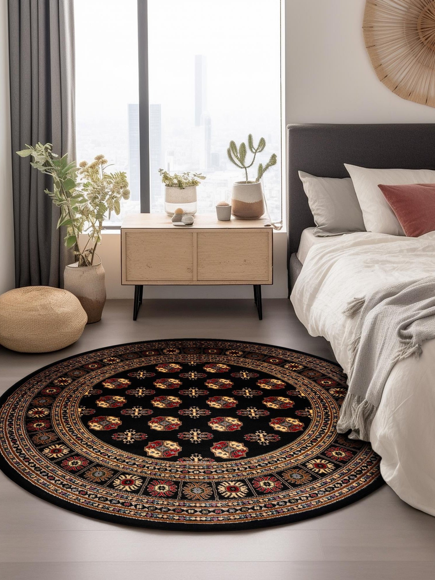 Black 6' 1 x 6' 1 Tekke Round Area Rug Classic Traditional Vintage Design Carpet for Living Rooms, Dining, Bedrooms, Office Space for Sale at Rug Engine