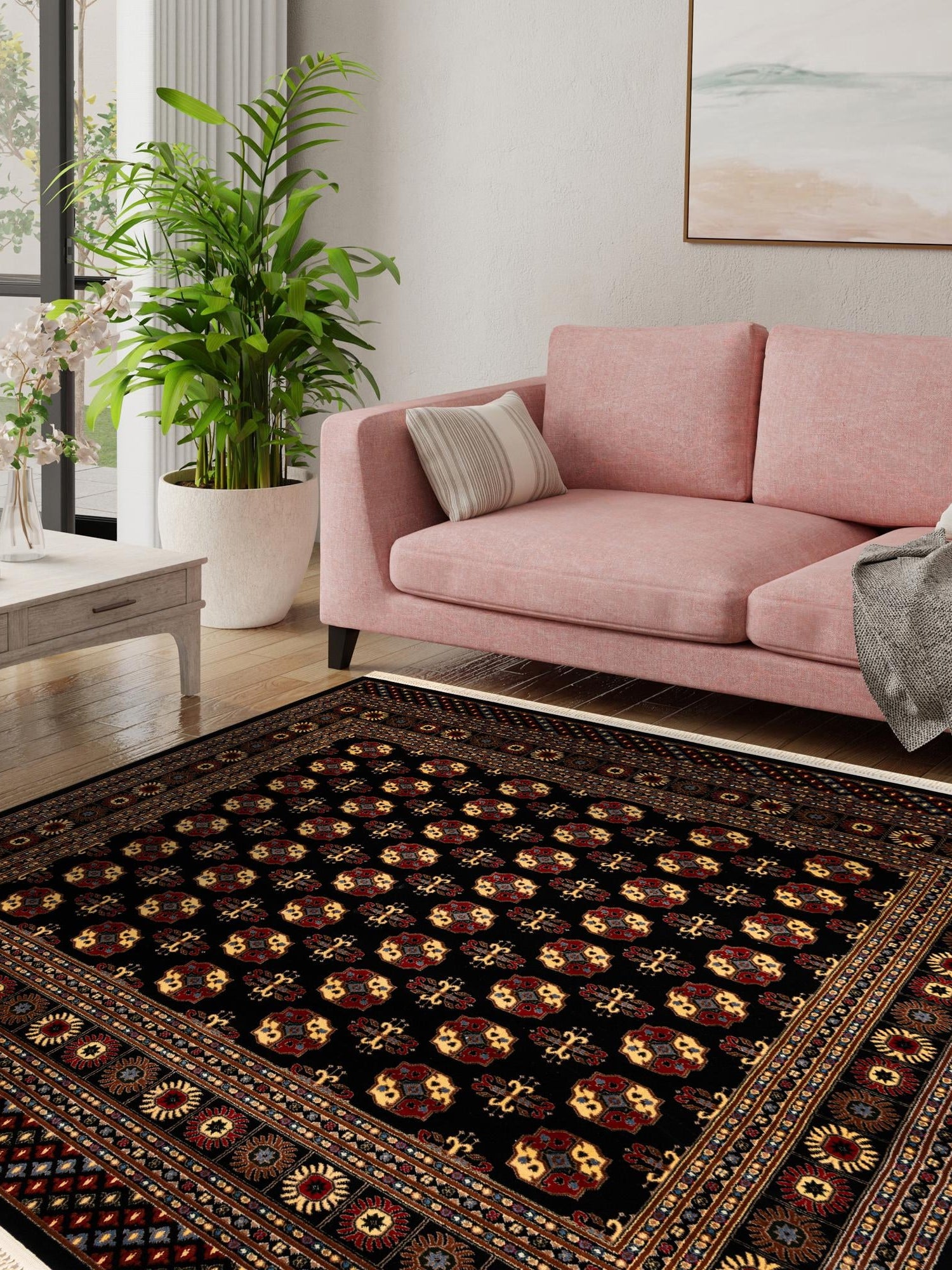 Black 7' 10 x 7' 10 Tekke Square Area Rug Classic Traditional Vintage Design Carpet for Living Rooms, Dining, Bedrooms, Office Space for Sale at Rug Engine