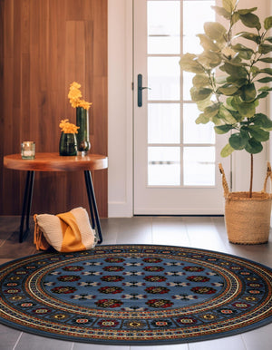 Blue 6' 1 x 6' 1 Tekke Round Area Rug Classic Traditional Vintage Design Carpet for Living Rooms, Dining, Bedrooms, Office Space for Sale at Rug Engine