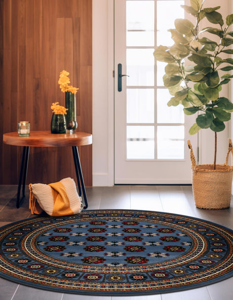 Blue 6' 1 x 6' 1 Tekke Round Area Rug Classic Traditional Vintage Design Carpet for Living Rooms, Dining, Bedrooms, Office Space for Sale at Rug Engine