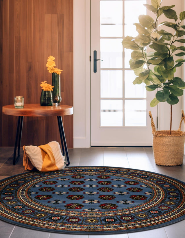 Blue 5' 3 x 5' 3 Tekke Round Area Rug Classic Traditional Vintage Design Carpet for Living Rooms, Dining, Bedrooms, Office Space for Sale at Rug Engine