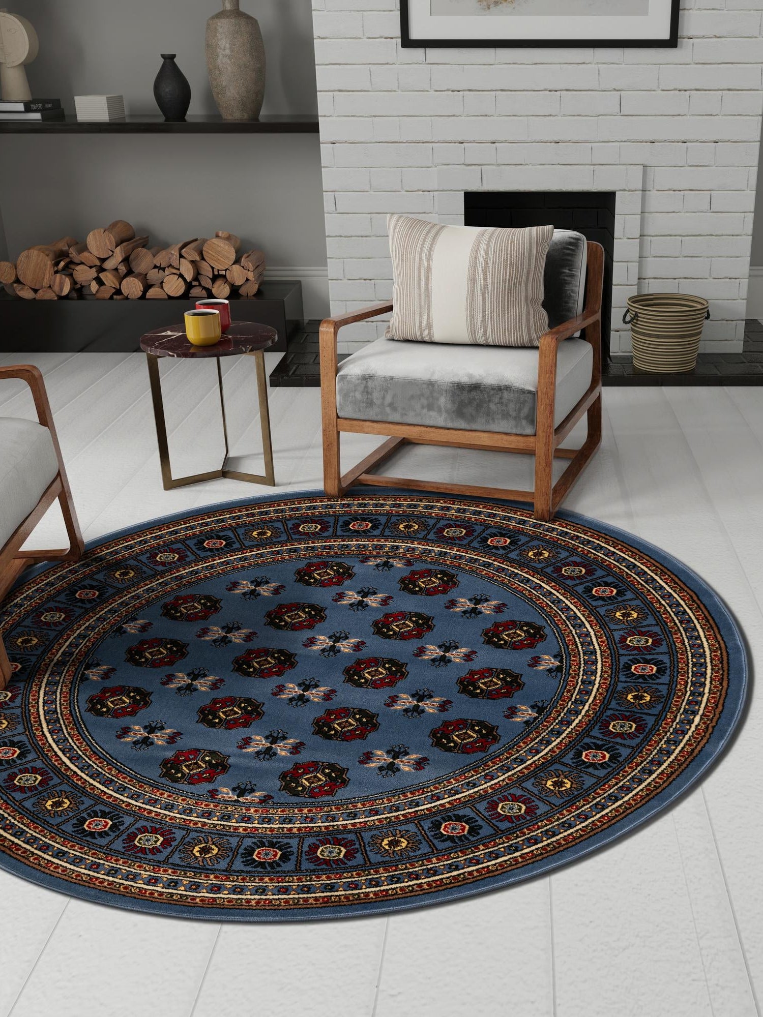 Blue 7' 10 x 7' 10 Tekke Round Area Rug Classic Traditional Vintage Design Carpet for Living Rooms, Dining, Bedrooms, Office Space for Sale at Rug Engine