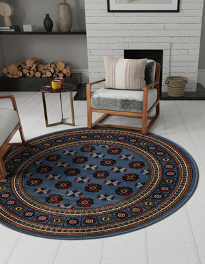 Blue 7' 10 x 7' 10 Tekke Round Area Rug Classic Traditional Vintage Design Carpet for Living Rooms, Dining, Bedrooms, Office Space for Sale at Rug Engine