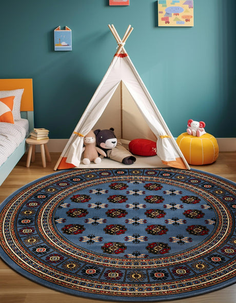 Blue 6' 1 x 6' 1 Tekke Round Area Rug Classic Traditional Vintage Design Carpet for Living Rooms, Dining, Bedrooms, Office Space for Sale at Rug Engine