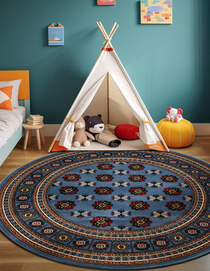 Blue 7' 10 x 7' 10 Tekke Round Area Rug Classic Traditional Vintage Design Carpet for Living Rooms, Dining, Bedrooms, Office Space for Sale at Rug Engine