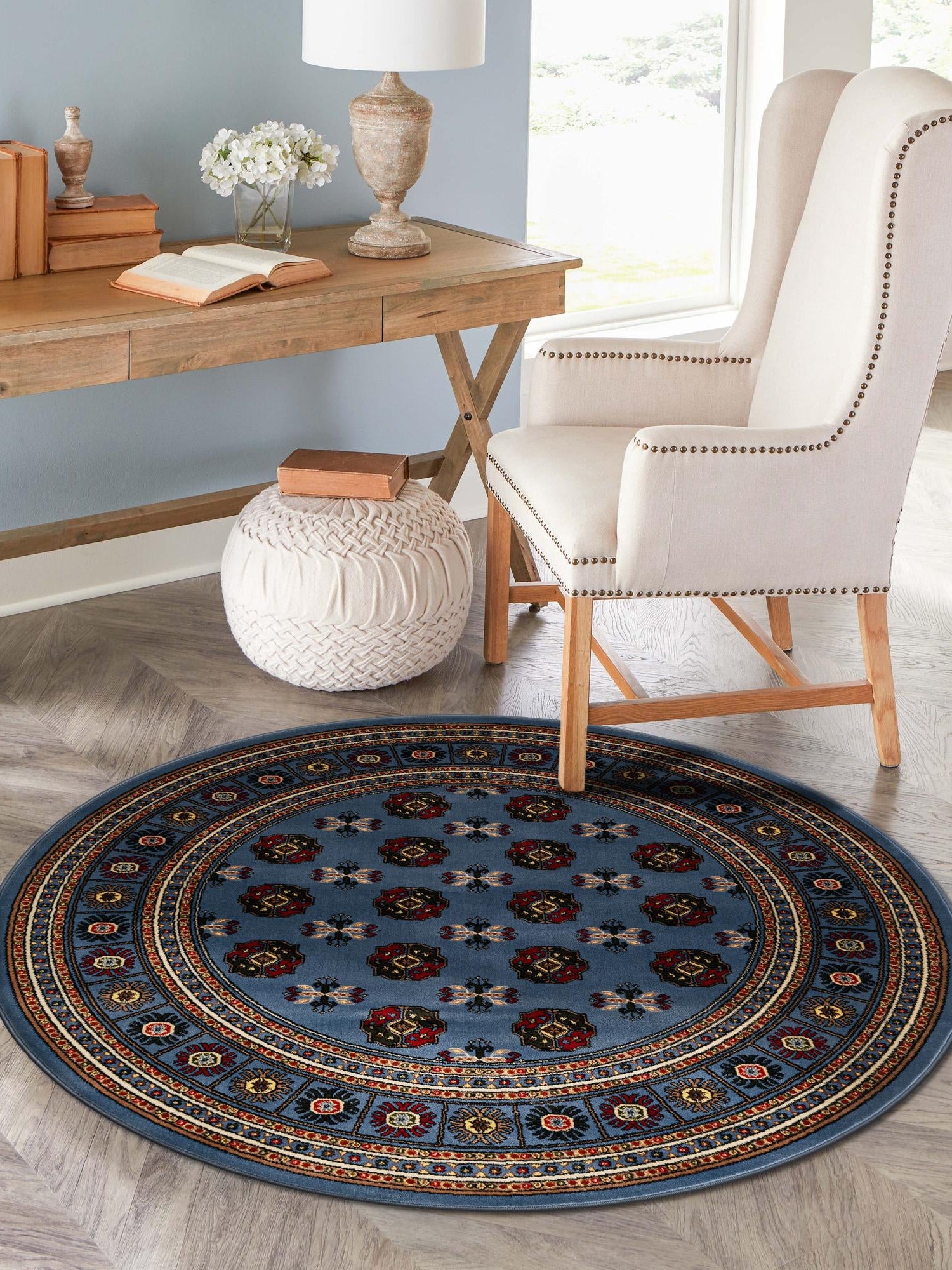 Blue 7' 10 x 7' 10 Tekke Round Area Rug Classic Traditional Vintage Design Carpet for Living Rooms, Dining, Bedrooms, Office Space for Sale at Rug Engine