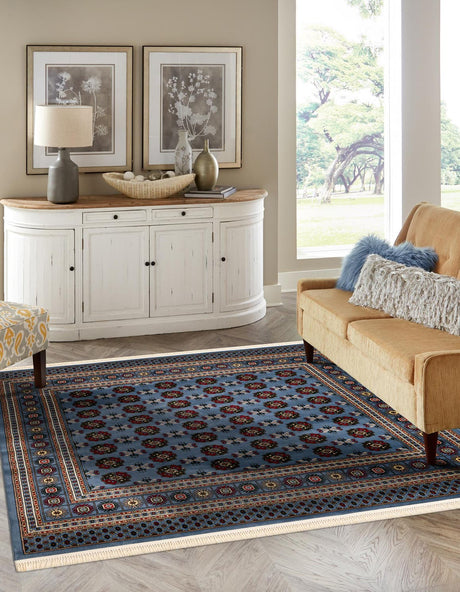 Blue 7' 10 x 7' 10 Tekke Square Area Rug Classic Traditional Vintage Design Carpet for Living Rooms, Dining, Bedrooms, Office Space for Sale at Rug Engine