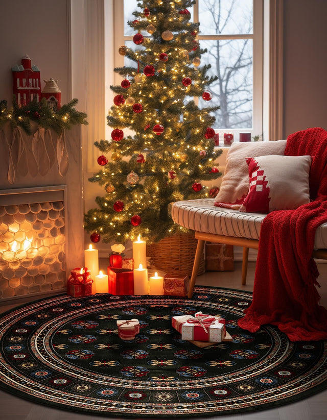 Dark Green 3' 1 x 3' 1 Tekke Round Area Rug Classic Traditional Vintage Design Carpet for Living Rooms, Dining, Bedrooms, Office Space for Sale at Rug Engine