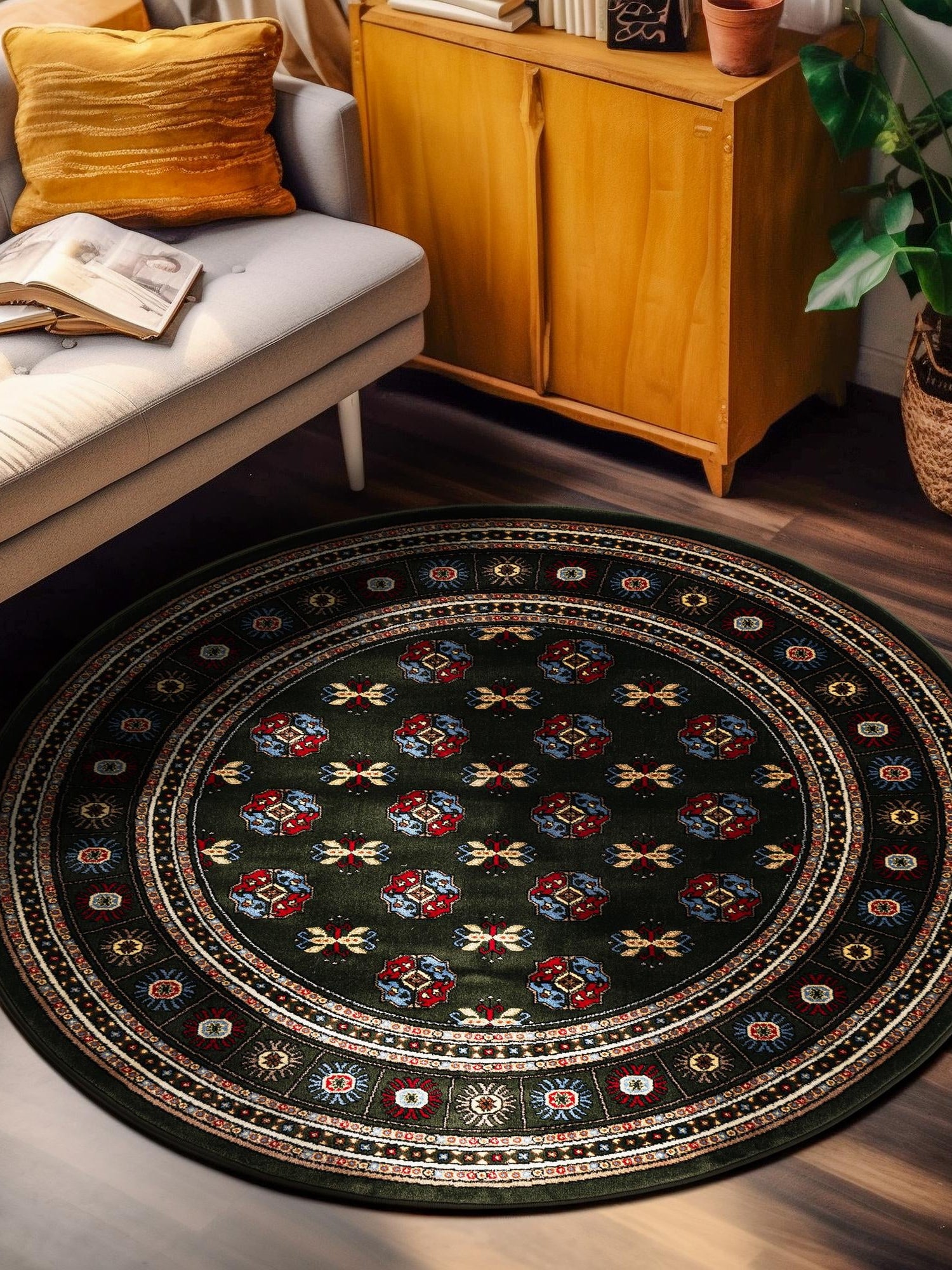 Dark Green 6' 1 x 6' 1 Tekke Round Area Rug Classic Traditional Vintage Design Carpet for Living Rooms, Dining, Bedrooms, Office Space for Sale at Rug Engine
