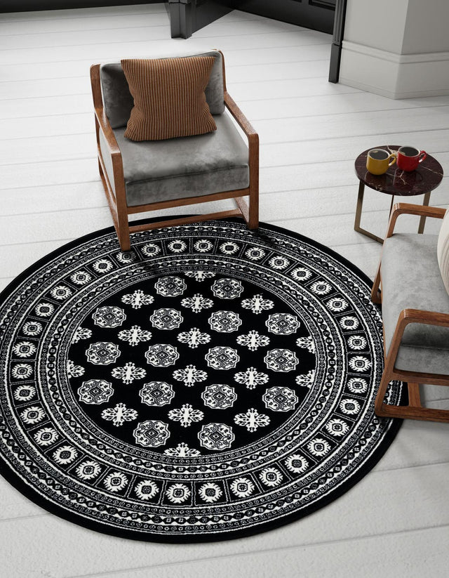 Black and White 3' 1 x 3' 1 Tekke Round Area Rug Classic Traditional Vintage Design Carpet for Living Rooms, Dining, Bedrooms, Office Space for Sale at Rug Engine
