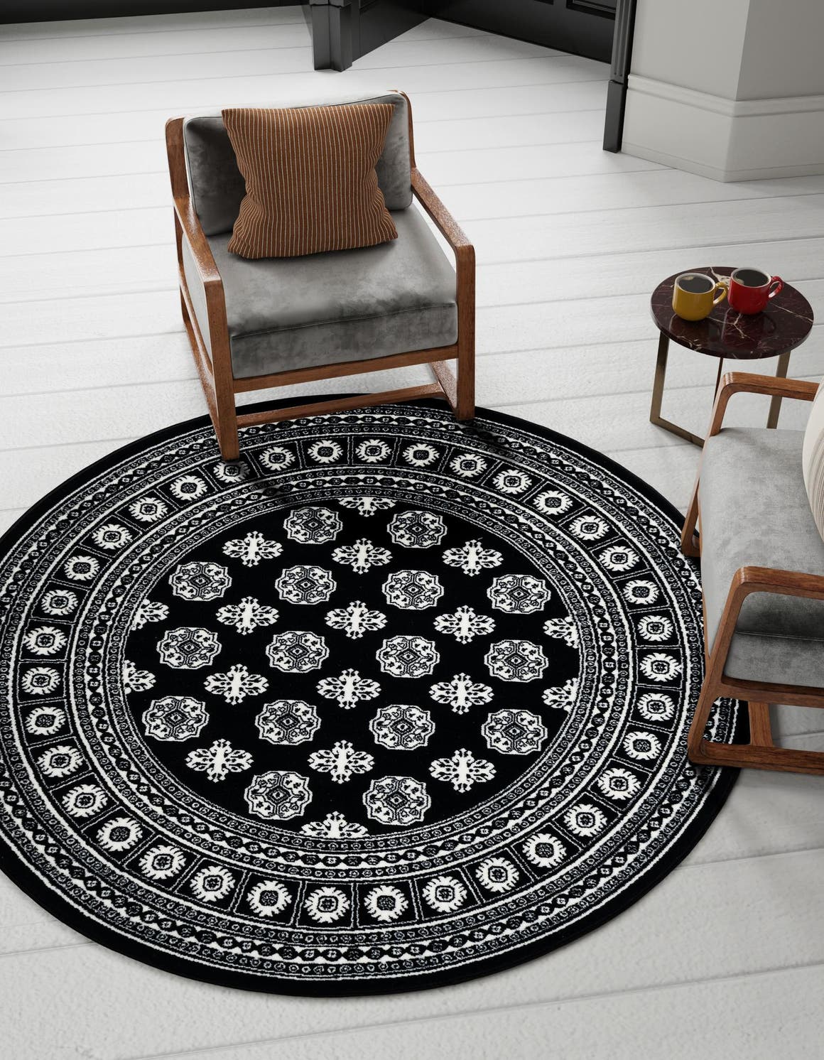 Black and White 5' 3 x 5' 3 Tekke Round Area Rug Classic Traditional Vintage Design Carpet for Living Rooms, Dining, Bedrooms, Office Space for Sale at Rug Engine