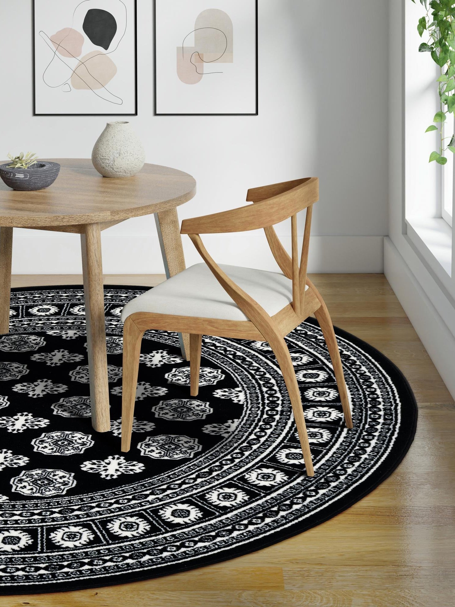 Black and White 3' 1 x 3' 1 Tekke Round Area Rug Classic Traditional Vintage Design Carpet for Living Rooms, Dining, Bedrooms, Office Space for Sale at Rug Engine