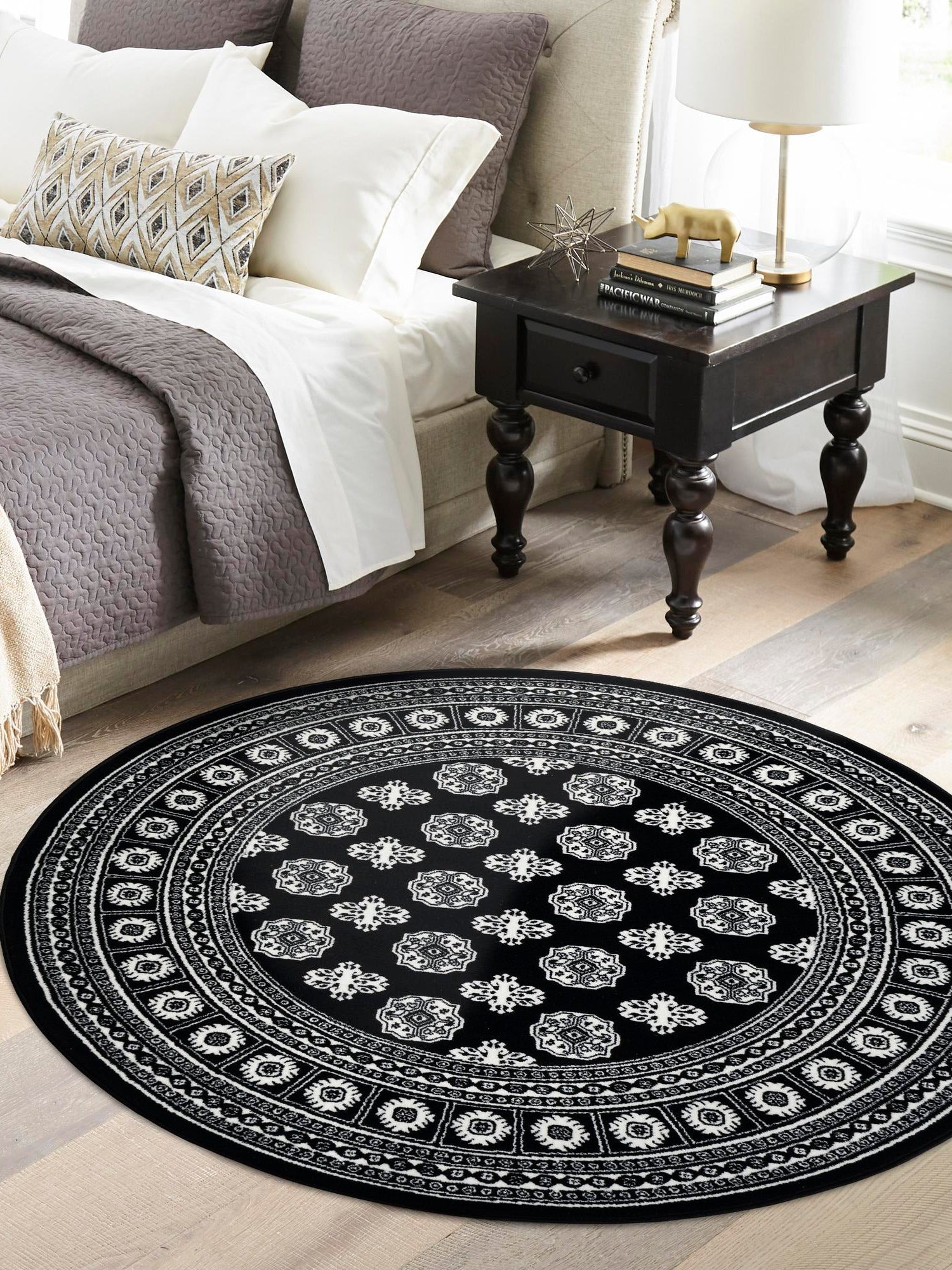 Black and White 5' 3 x 5' 3 Tekke Round Area Rug Classic Traditional Vintage Design Carpet for Living Rooms, Dining, Bedrooms, Office Space for Sale at Rug Engine