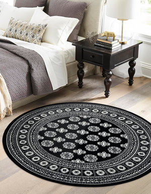Black and White 5' 3 x 5' 3 Tekke Round Area Rug Classic Traditional Vintage Design Carpet for Living Rooms, Dining, Bedrooms, Office Space for Sale at Rug Engine